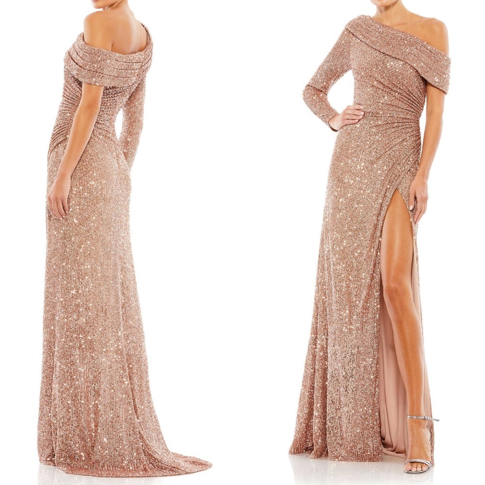 Mac Duggal Rose Gold Sequin One-Shoulder Evening Gown